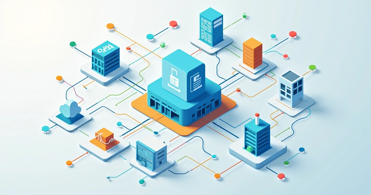 Ilustração de diferentes sistemas conectados, mostrando integração de dados em uma empresa. 