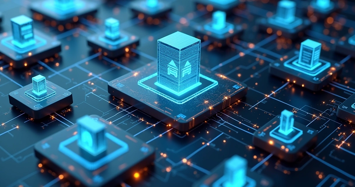 Vários sistemas digitais conectados por linhas de dados e ícones representando integração 