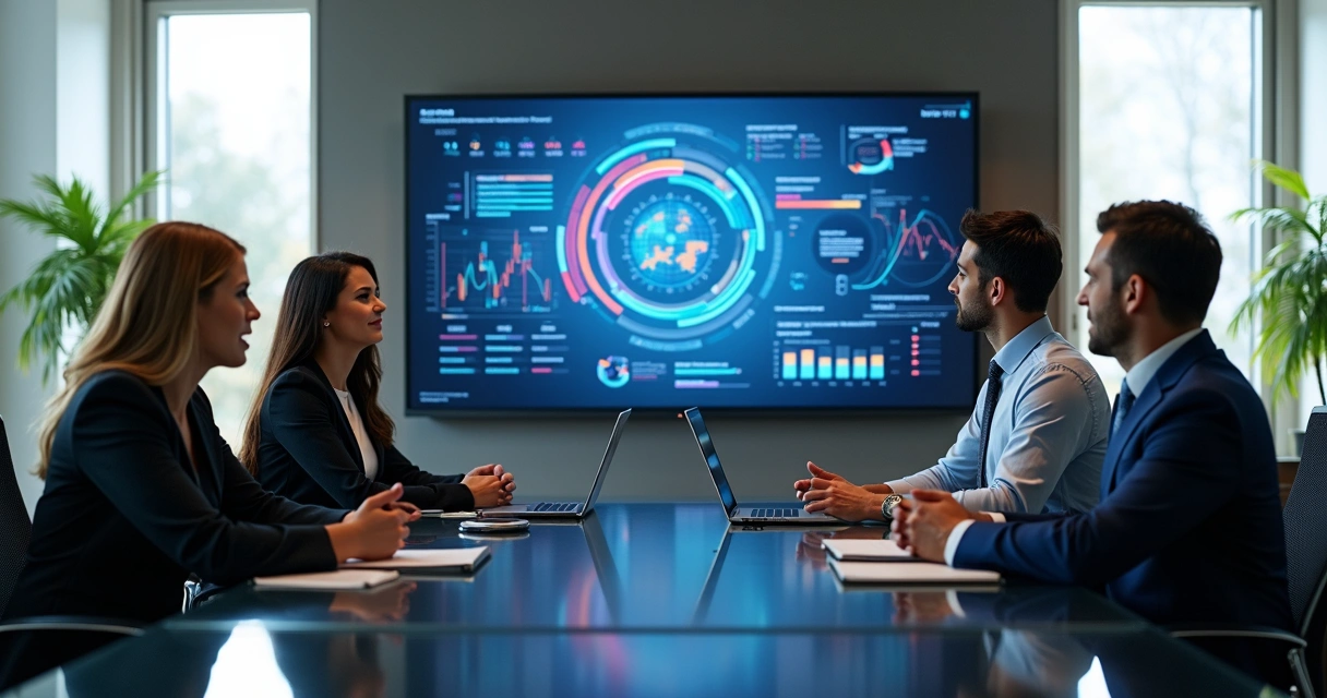 Profissionais discutem frente a um painel de dados integrados de diversas áreas da empresa. 