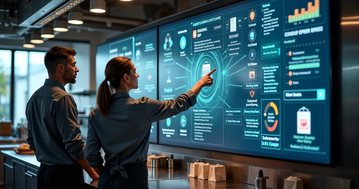 Painel digital mostrando integrações de sistemas de delivery em cozinha profissional 