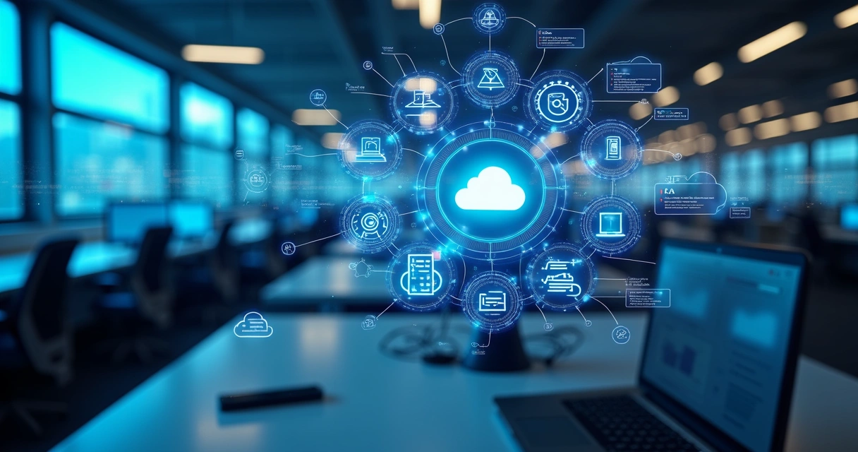 Ilustração ultra-detalhada da integração entre sistemas com múltiplas telas digitais conectadas e fluxos de dados visíveis 