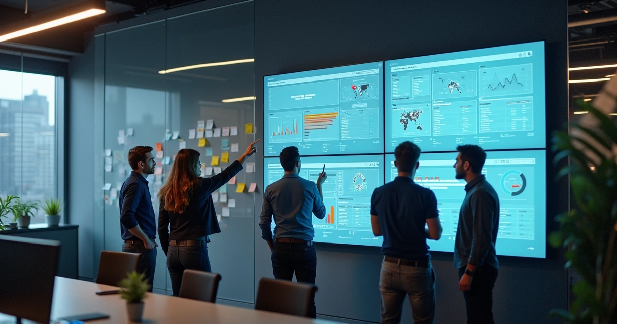 Equipe analisando telas interligadas com dados de sistemas integrados 
