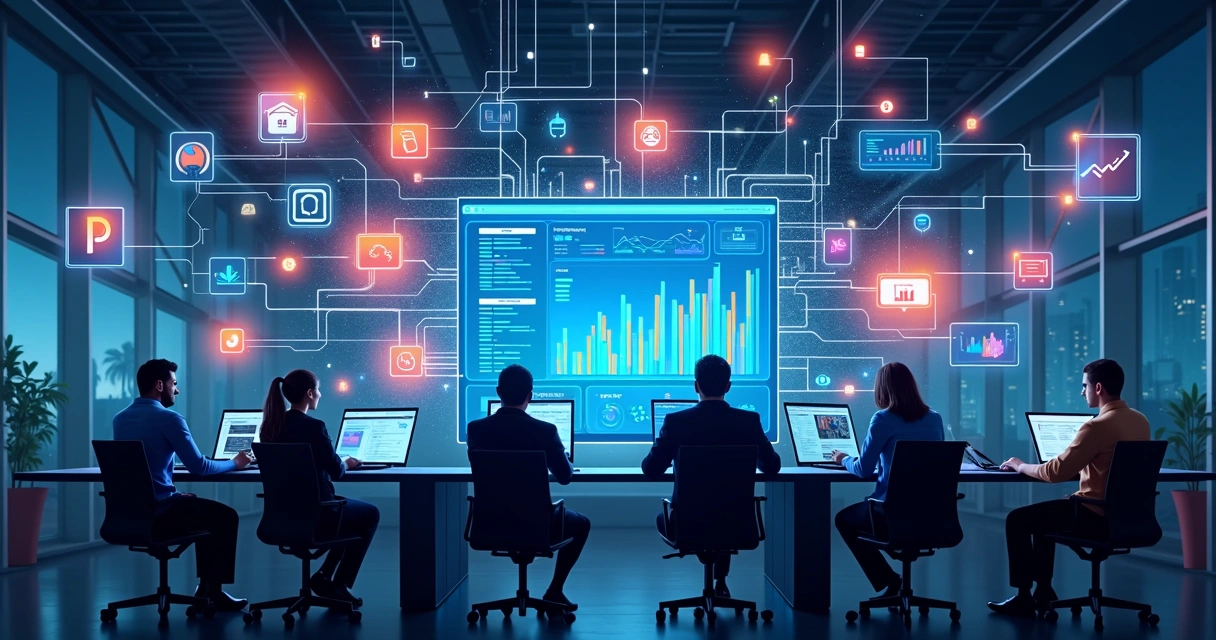 Diversos sistemas conectados por fluxos digitais em ambiente empresarial 