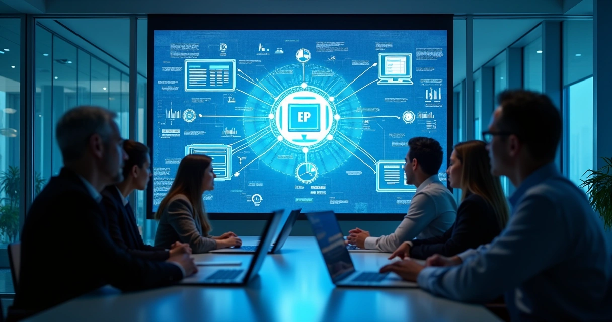 Equipe analisando integração de sistemas empresariais em tela gigante 