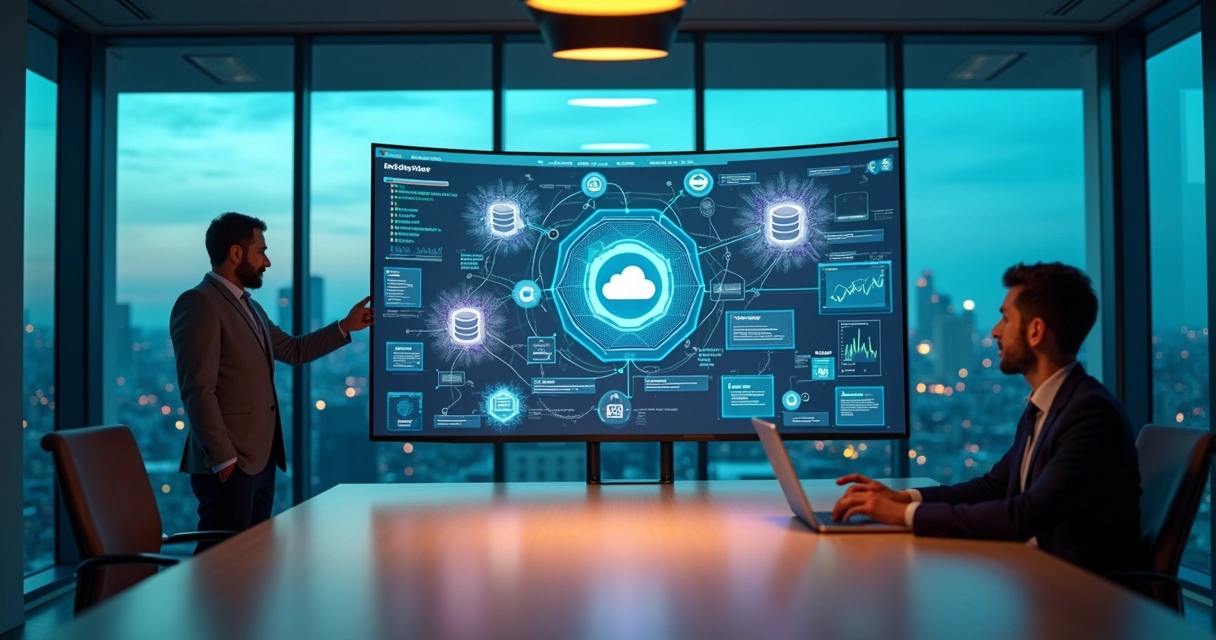 Painel com vários sistemas conectados por APIs em um escritório corporativo 