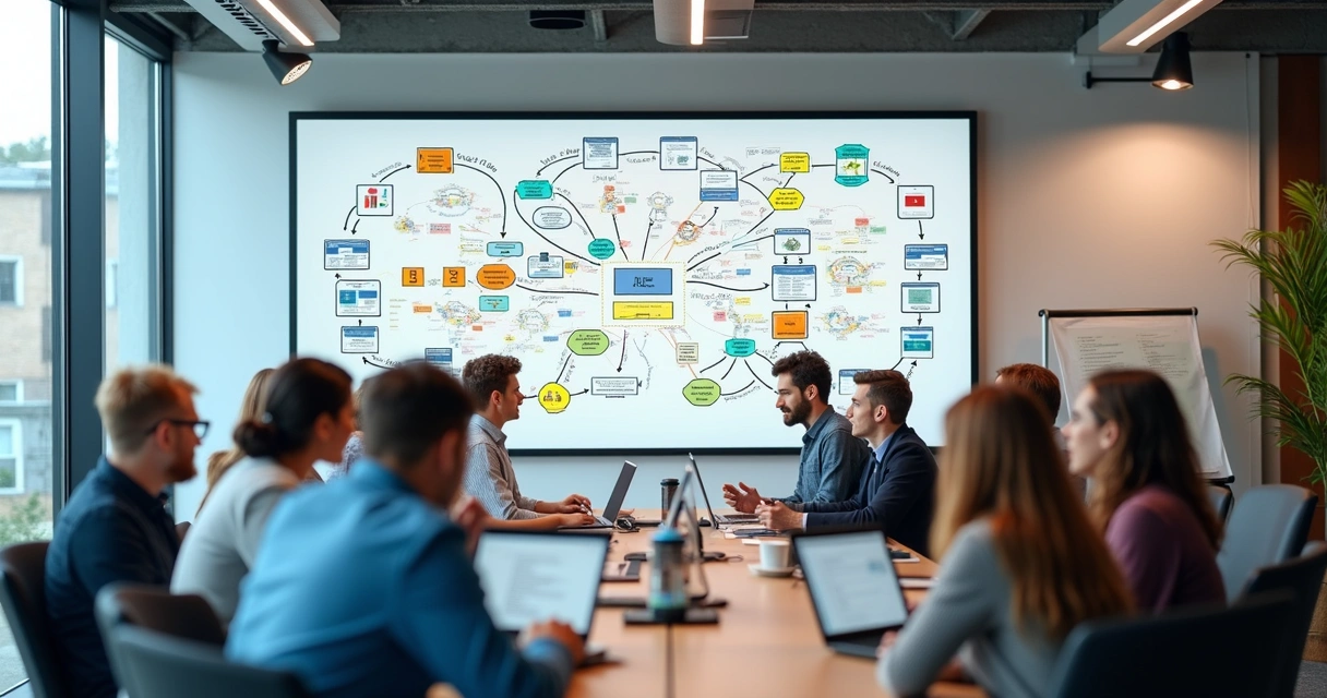 Equipe de TI em reunião com fluxogramas de integração no quadro