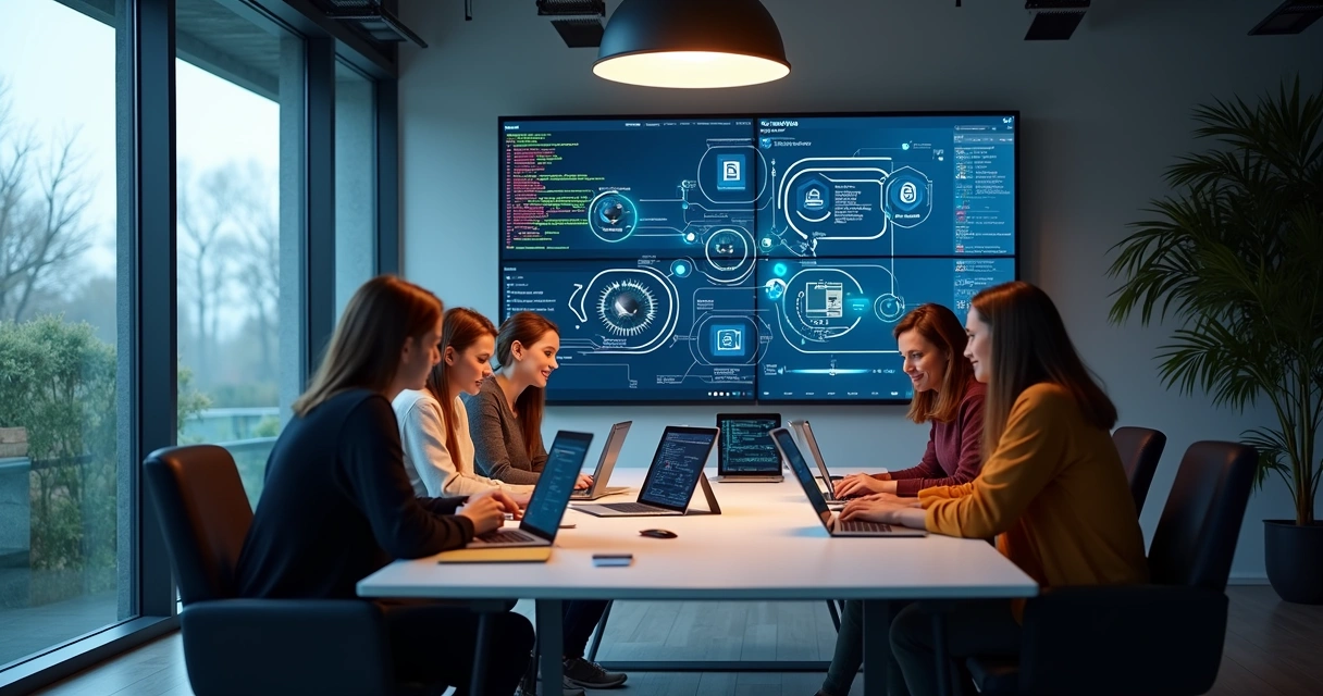 Equipe discutindo integração de sistemas com telas exibindo APIs 