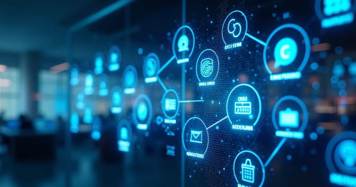 Vários sistemas corporativos conectados por linhas digitais animadas. 