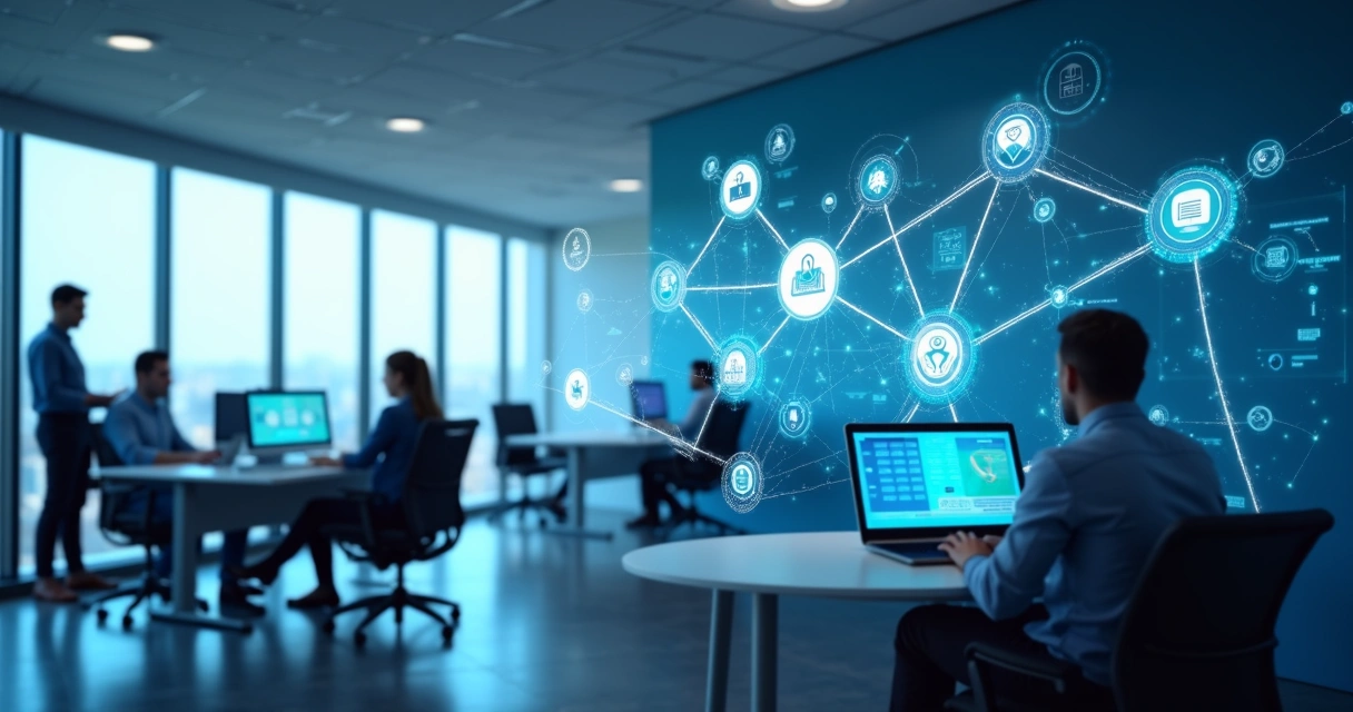 Ilustrações de sistemas conectados em rede numa empresa digital 