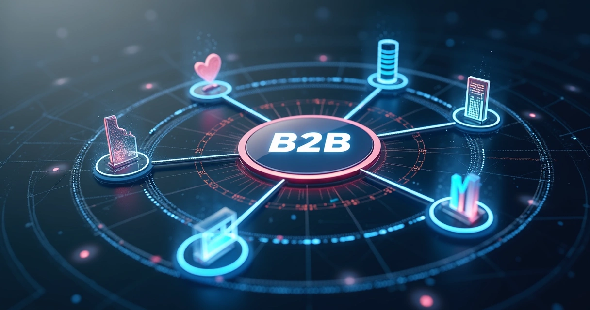 Esquema de integração de sistemas de uma empresa B2B, conectando CRM, ERP e marketing digital. 