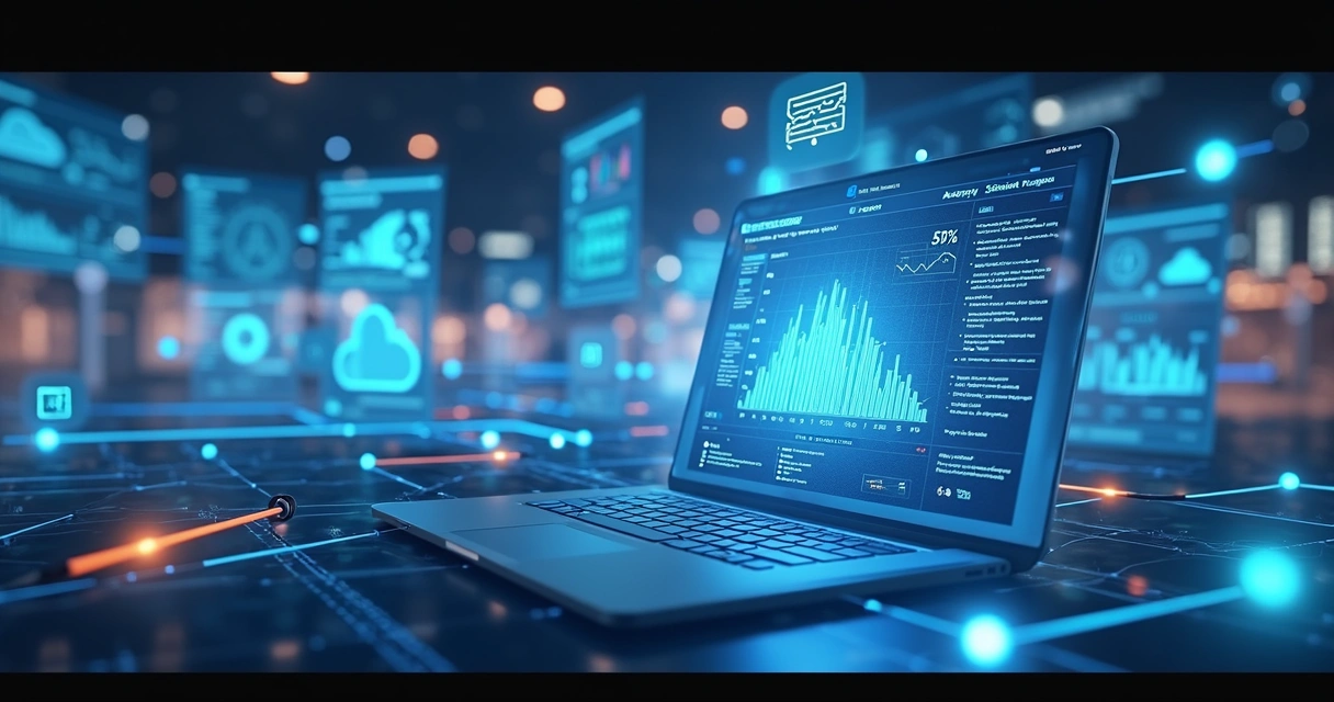 Ilustração de sistemas empresariais diferentes conectados por fios digitais coloridos e interagindo em um ambiente virtual 