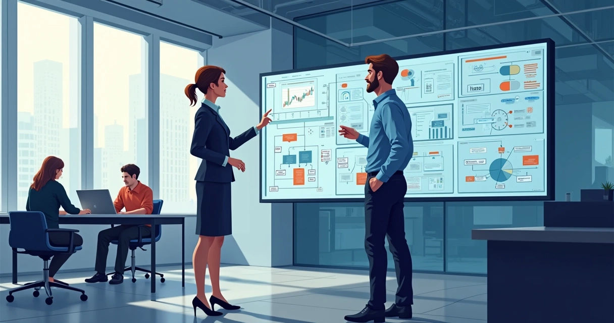 Dois profissionais analisando esquemas de integração digital em monitores grandes. 