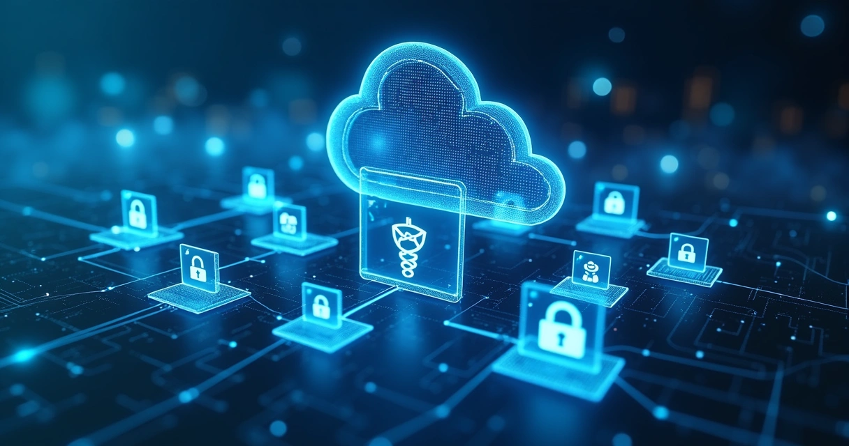 Plataformas de sistemas empresariais conectadas em nuvem com dados fluindo entre elas.