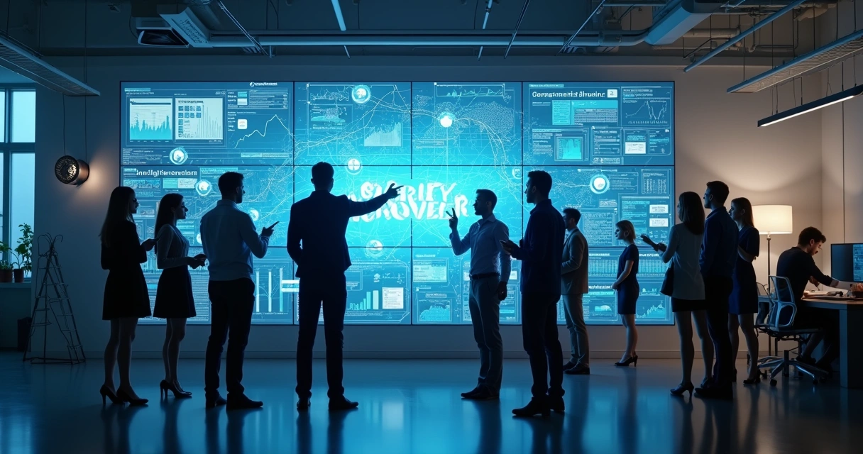 Equipe observando telas com sistemas diferentes conectados na empresa