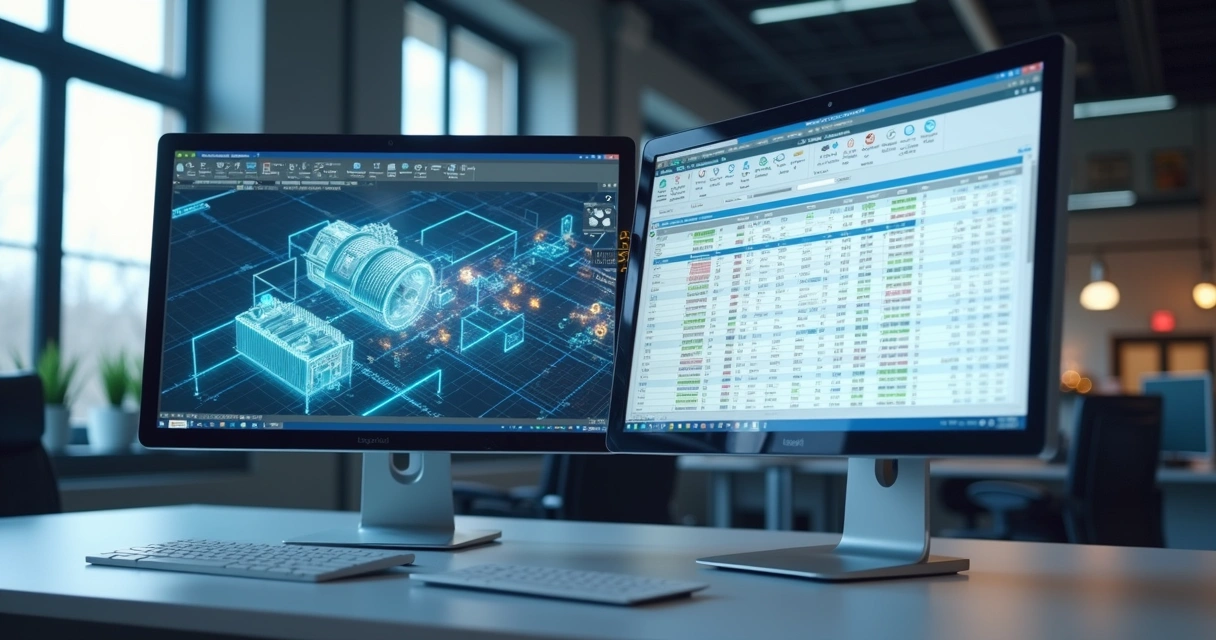 Integracao de sistemas CAD e ERP em tela de computador moderno 