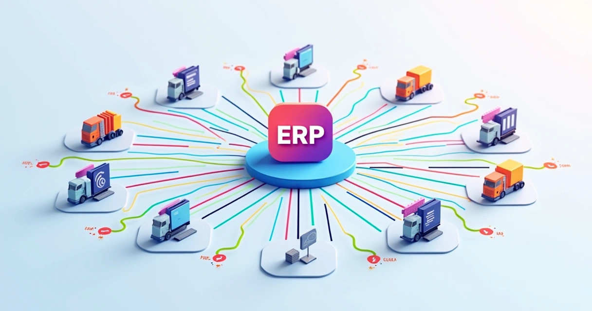 Fluxo de dados conectando sistemas diferentes, ilustrando integração entre plataforma financeira e sistema ERP. 
