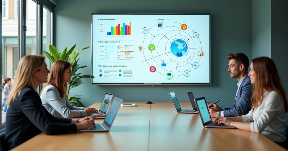Gestores escolares analisando integração de sistemas em painel digital 