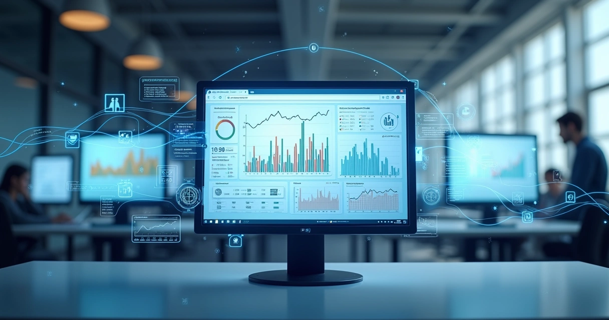 Ilustração de integração entre diferentes sistemas financeiros por linha conectando telas