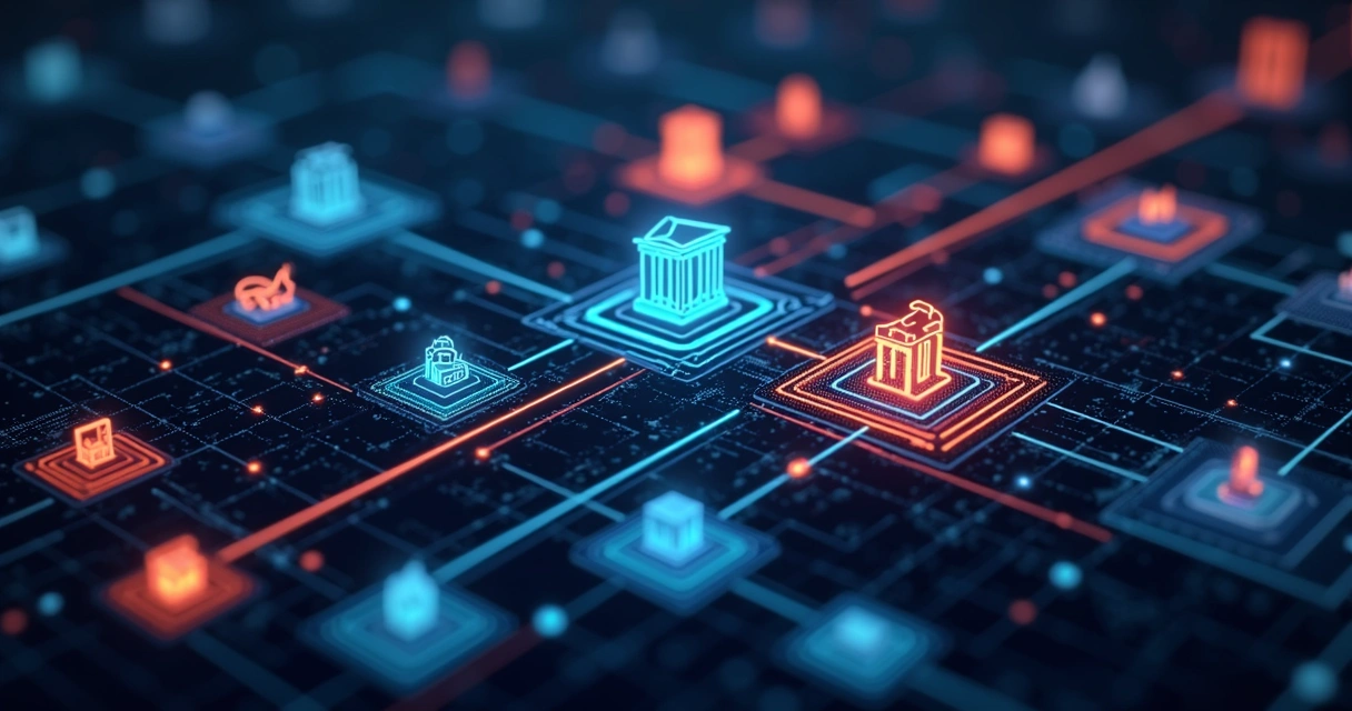 Setas coloridas conectando sistemas e bancos em rede digital 