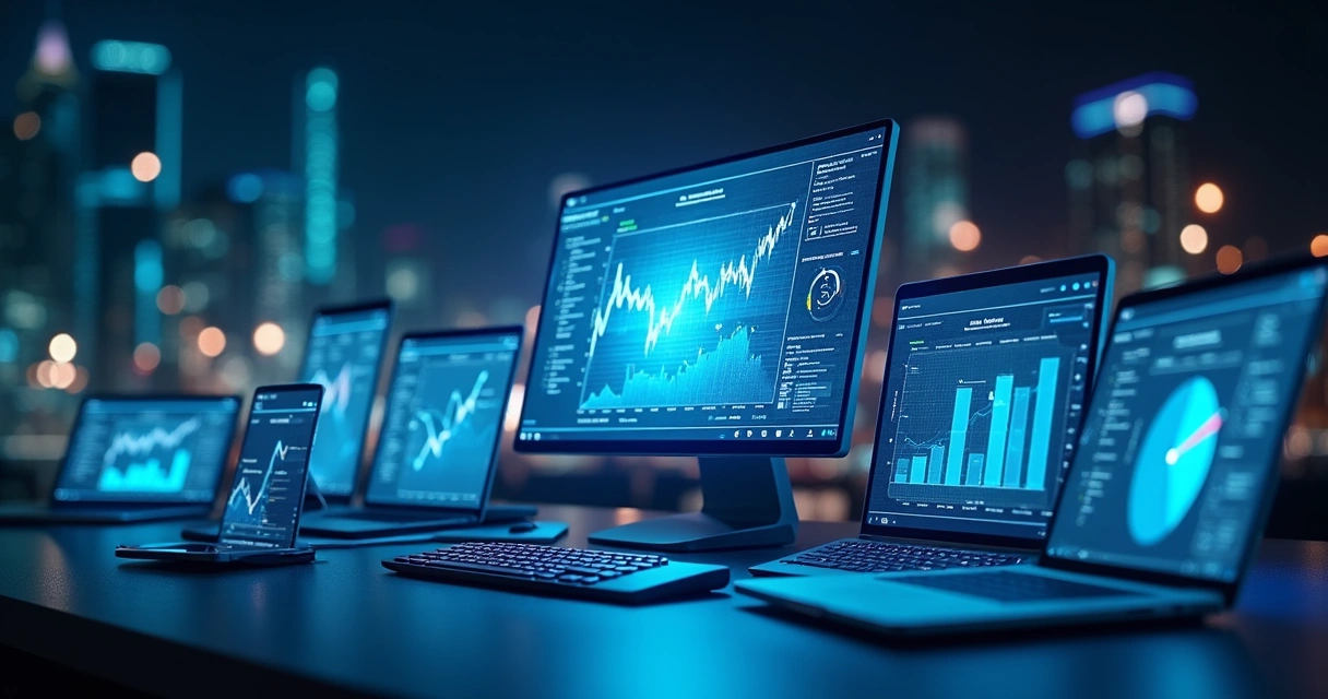 Ilustração de diferentes softwares financeiros conectados por fluxos de dados 