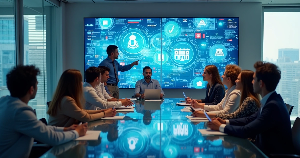 Equipe reunida em sala de reunião discutindo integração de sistemas financeiros exibidos em grande tela 