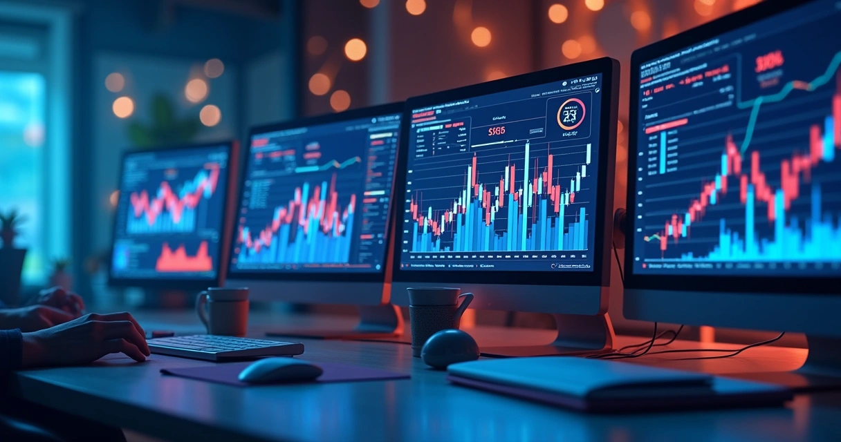 Painel de computador exibindo gráficos financeiros conectados com diversos softwares 