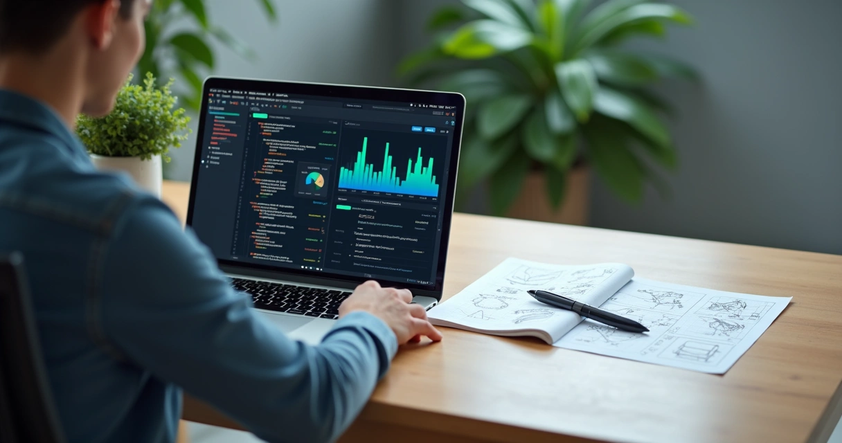 Desenvolvedor configurando integração entre sistemas financeiros em notebook com gráficos na tela 