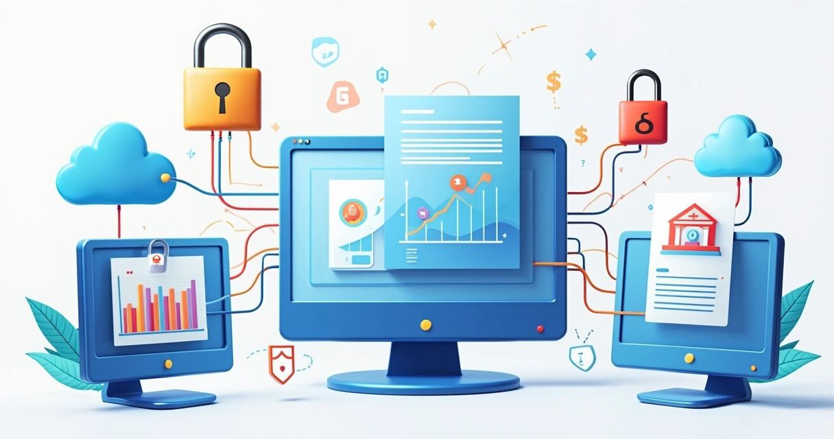 Ilustração de sistemas financeiros conectados por APIs, com símbolos de cadeado e escudo indicando segurança