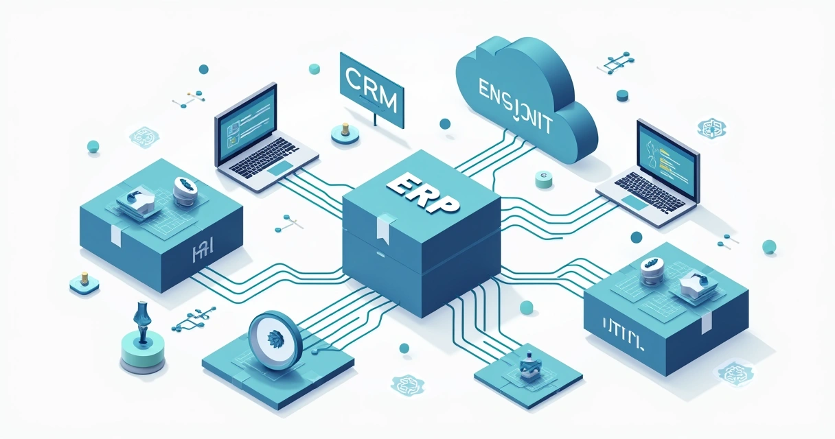 Ilustração integrando sistemas ERP, CRM e plataforma de gestão de rede óptica 