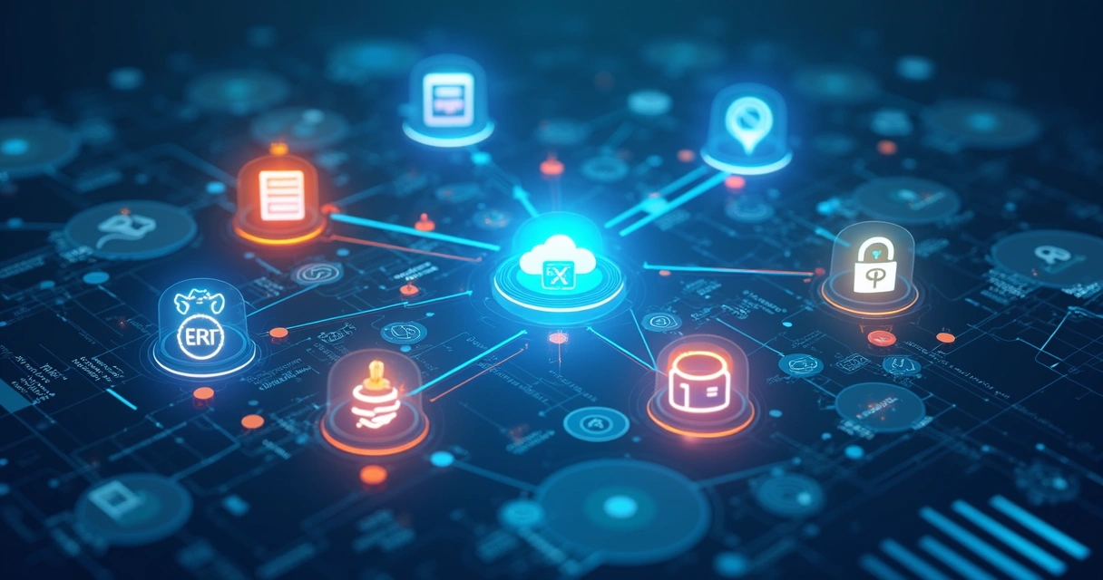 Desenho digital de fluxos de integração entre sistemas empresariais, com ícones de ERP, CRM e nuvem 