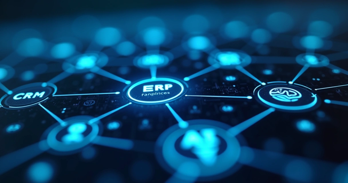 Painel mostrando integração entre sistemas ERP, CRM e IA 