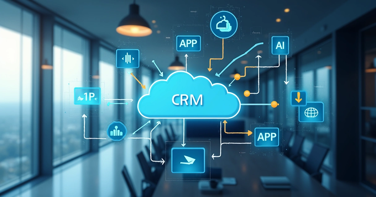 Diagrama visual de integração entre sistemas ERP, CRM, APIs e plataformas de IA, com setas coloridas representando fluxo de dados em ambiente corporativo limpo 