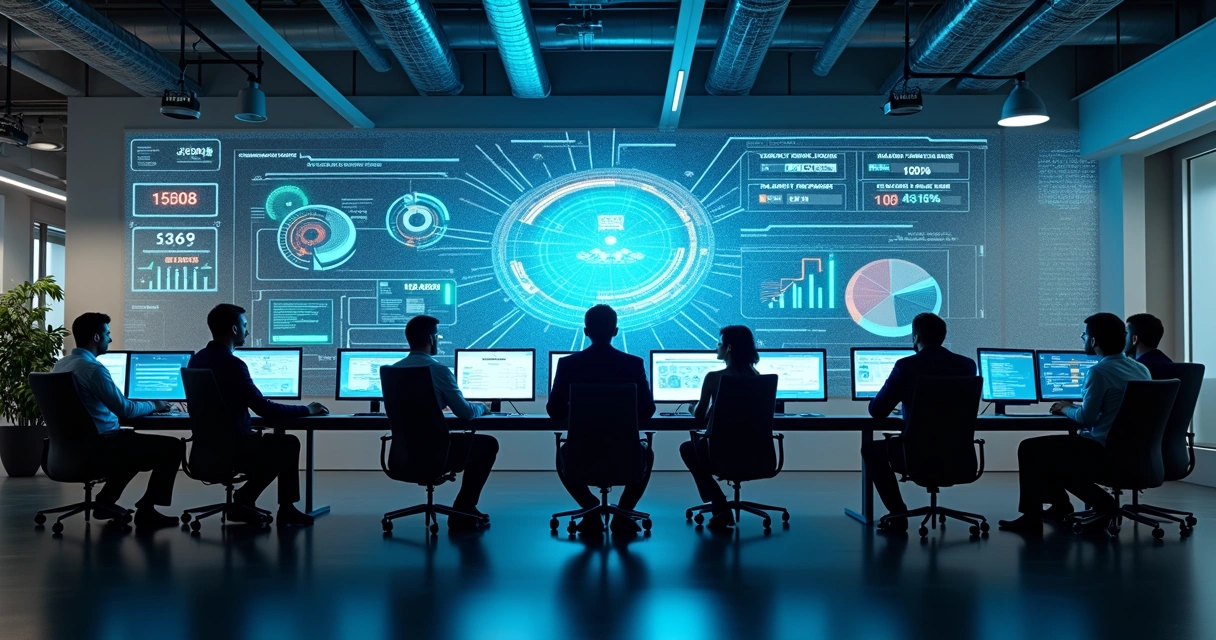 Funcionários de diferentes áreas olhando um dashboard digital centralizado. 