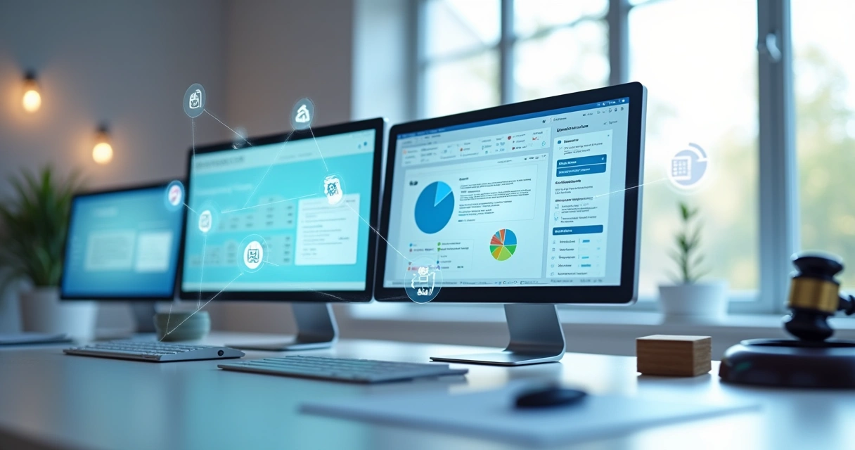 Telas de software jurídico conectadas mostrando sincronização 