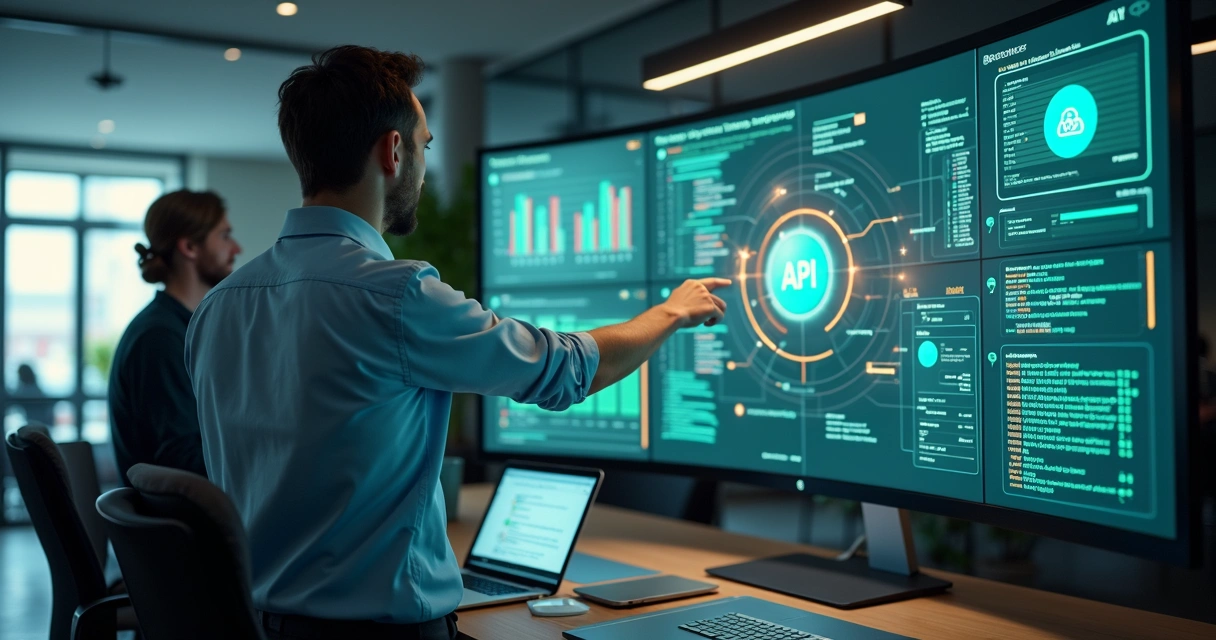 Profissional integrando sistemas legados em painel com APIs e conectores 