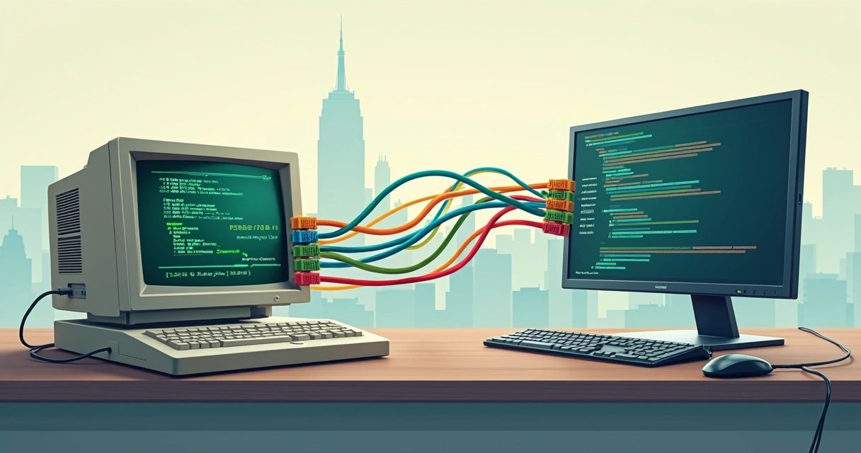 Desenho mostrando um sistema antigo conectado a um sistema novo por meio de APIs 
