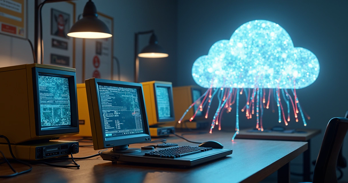 Computadores e servidores antigos conectados a nuvem moderna, dados fluindo entre eles 