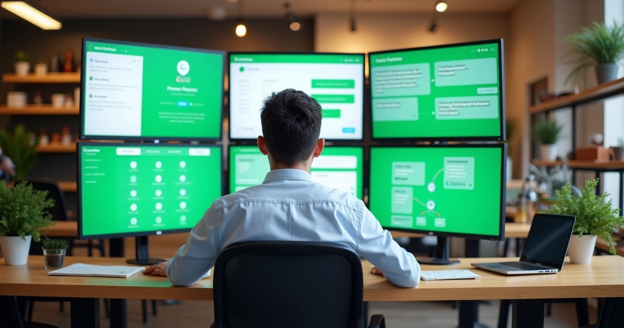 Gerente de pequena loja monitorando telas com integrações de sistemas digitais