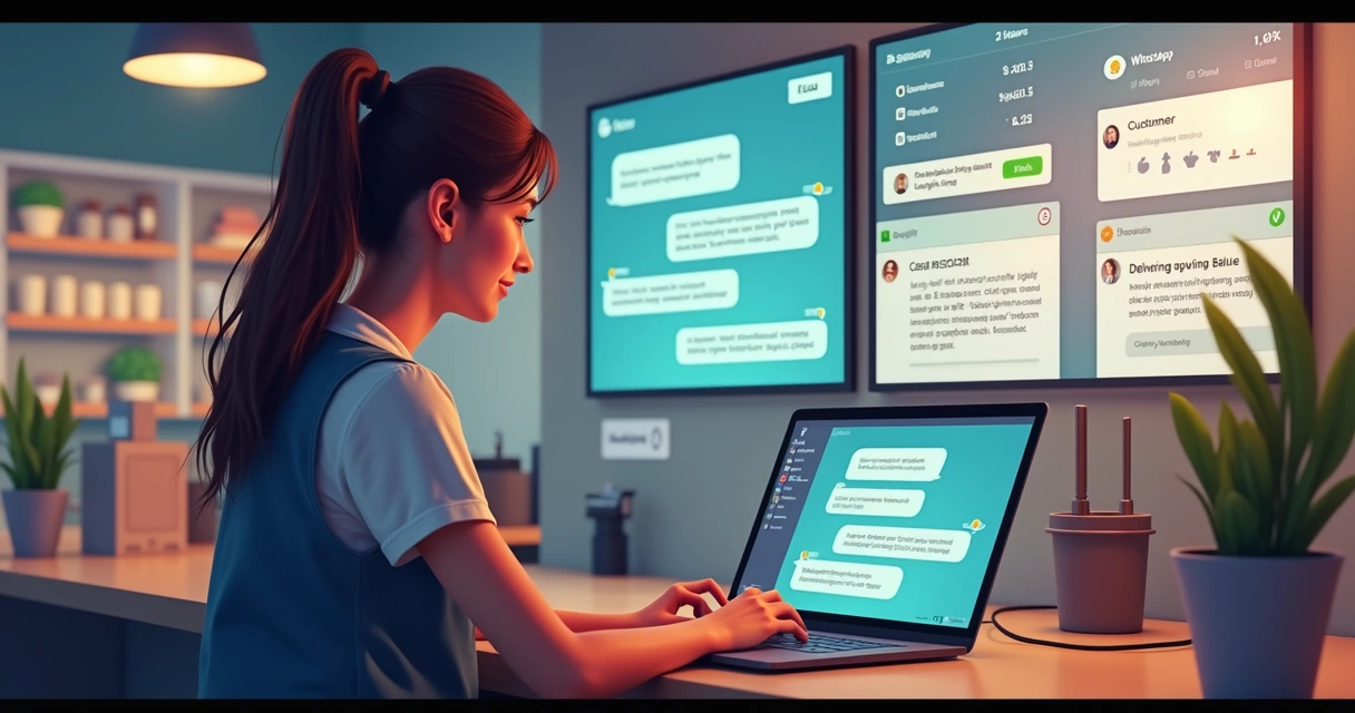 Funcionário de pequena empresa usando notebook para integrar sistemas de vendas e atendimento