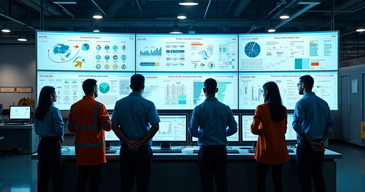 Equipe analisando integração entre sistemas de manutenção e ERP em ambiente industrial 