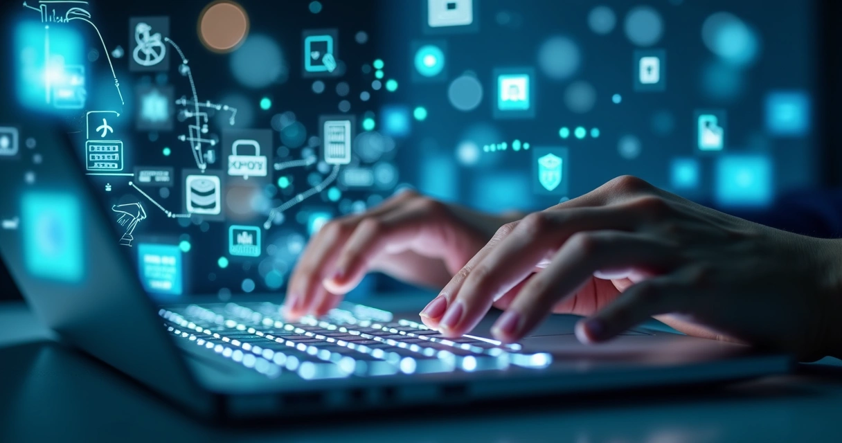 Pessoa digitando em teclado com gráficos de integração de sistemas ao fundo 