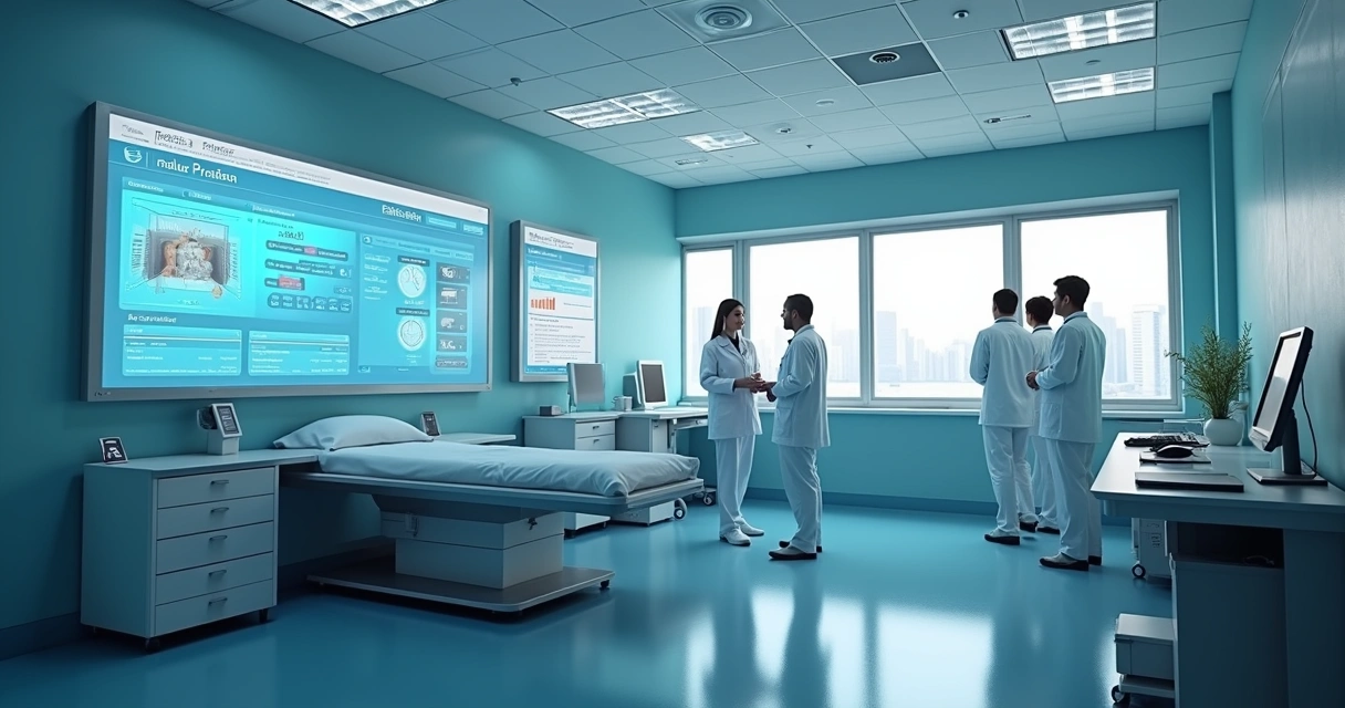 Profissionais em clínica acessando sistemas integrados em telas digitais 