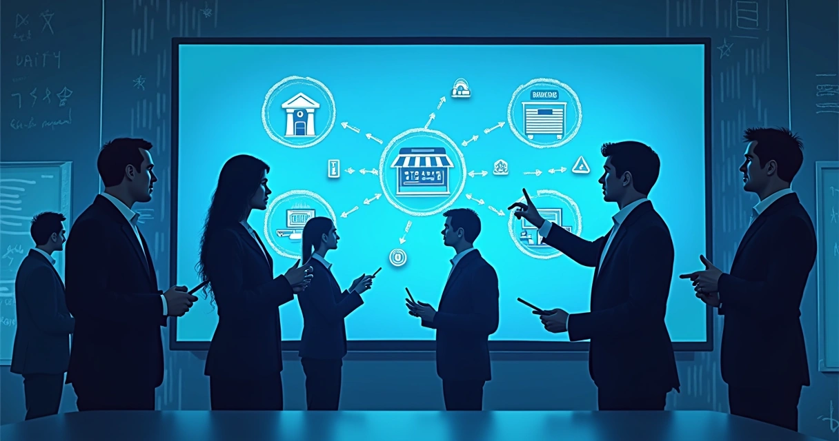 Equipe de tecnologia avaliando fluxos de integração entre sistemas de diferentes setores em grande tela 