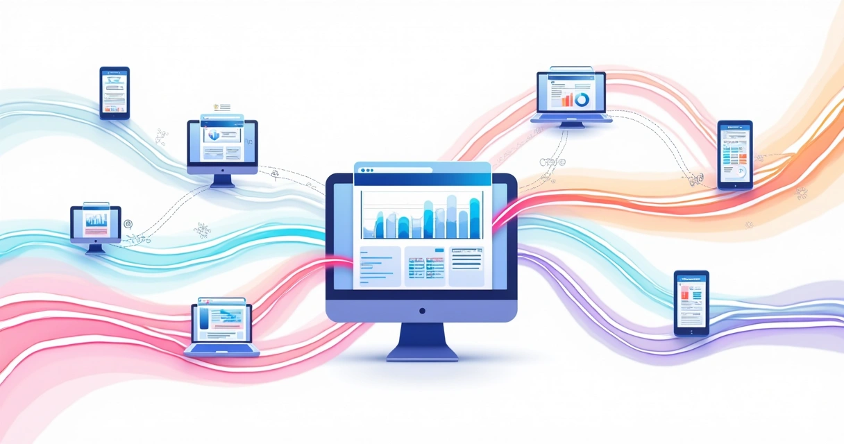 Ilustração de softwares diferentes ligados por fluxos coloridos 