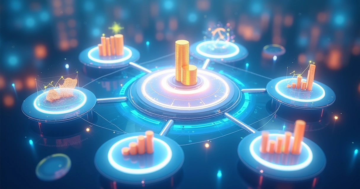 Múltiplos sistemas conectados em painel de negócios com fluxos integrados visualmente 