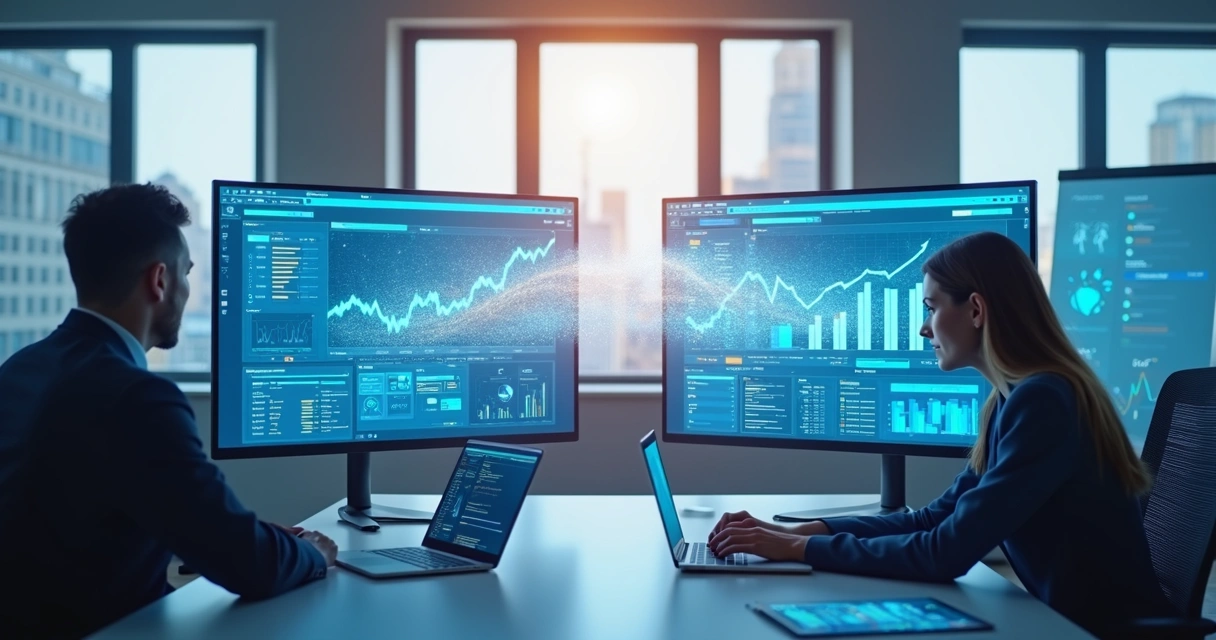 Ilustração de dois sistemas de software sendo conectados por ponte digital em escritório moderno 