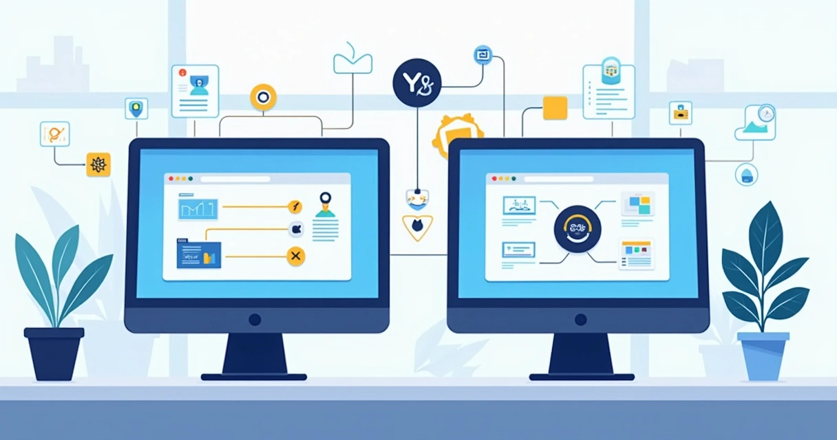 Ilustração de integração de sistemas no-code com webhooks e automação