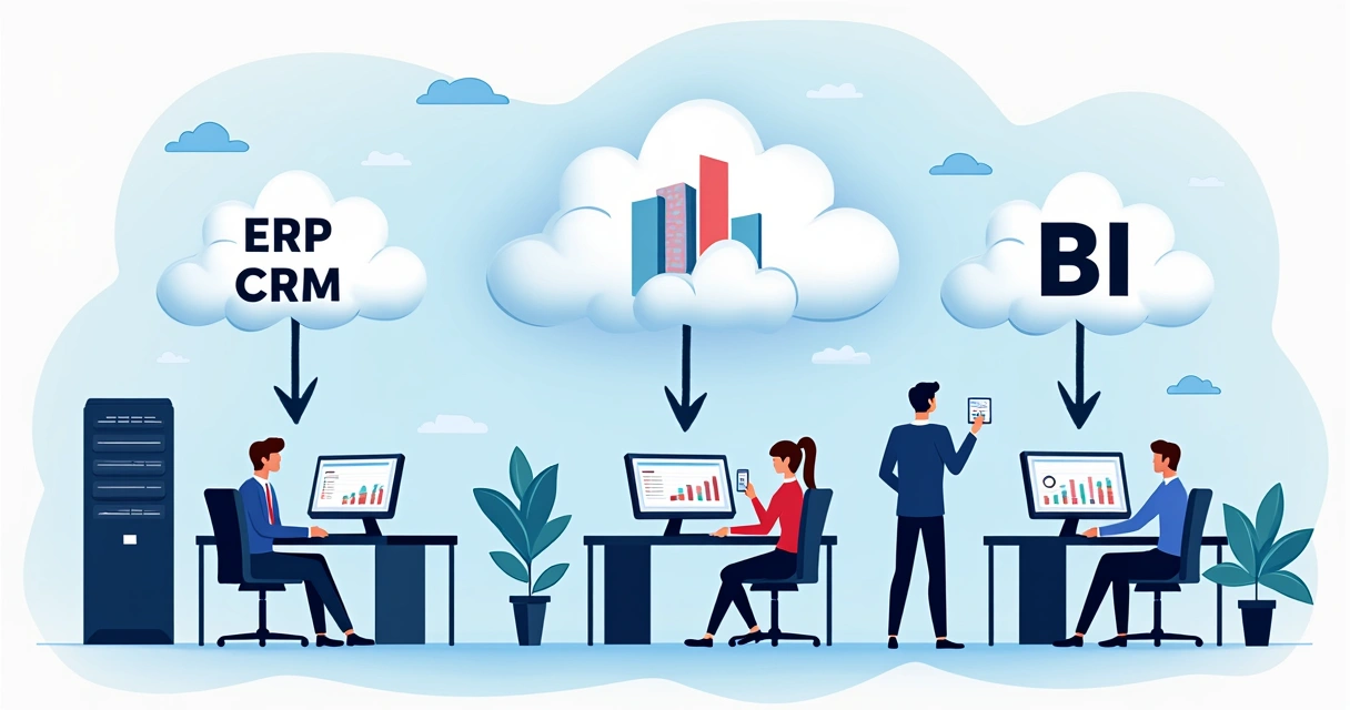 Ilustração de integração de ERP, CRM e BI na nuvem, conectando diferentes setores da empresa. 