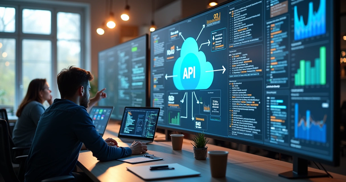 Equipe de desenvolvimento atuando na integração de sistemas em nuvem, experimentando APIs 