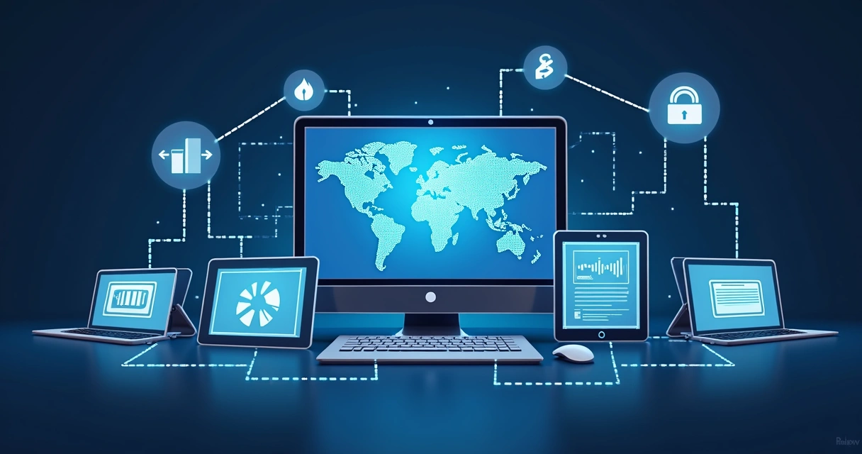 Interface de diversos sistemas interligados, com ícones representando integração entre empresas 